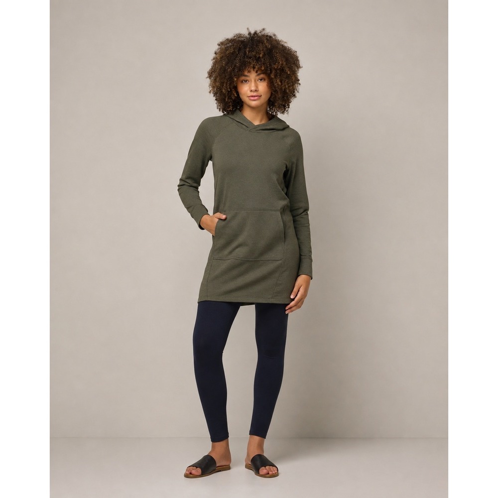 wool& Women Merino Wool Hoodie Tunic Everett Size S Olive Green Kangaroo Pocket